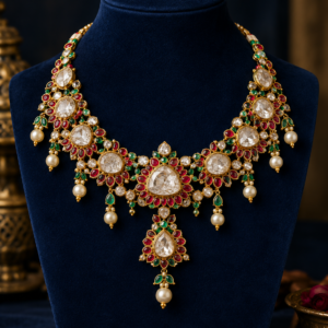 Royal Kundan Jadau Necklace with Ruby, Emerald & Pearl Drops