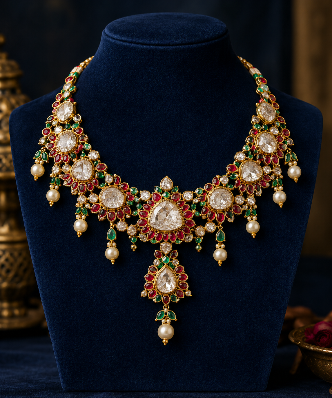 Royal Kundan Jadau Necklace with Ruby, Emerald & Pearl Drops